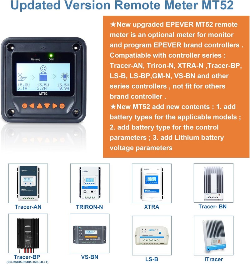 EPEVER MT52 Remote Meter for MPPT Solar Charge Controller 10/20/30/40A ,50/60/80/100A LCD Display Monitoring Setting Datas of Solar Panel Battery Regulator System (MT52) - Image 3